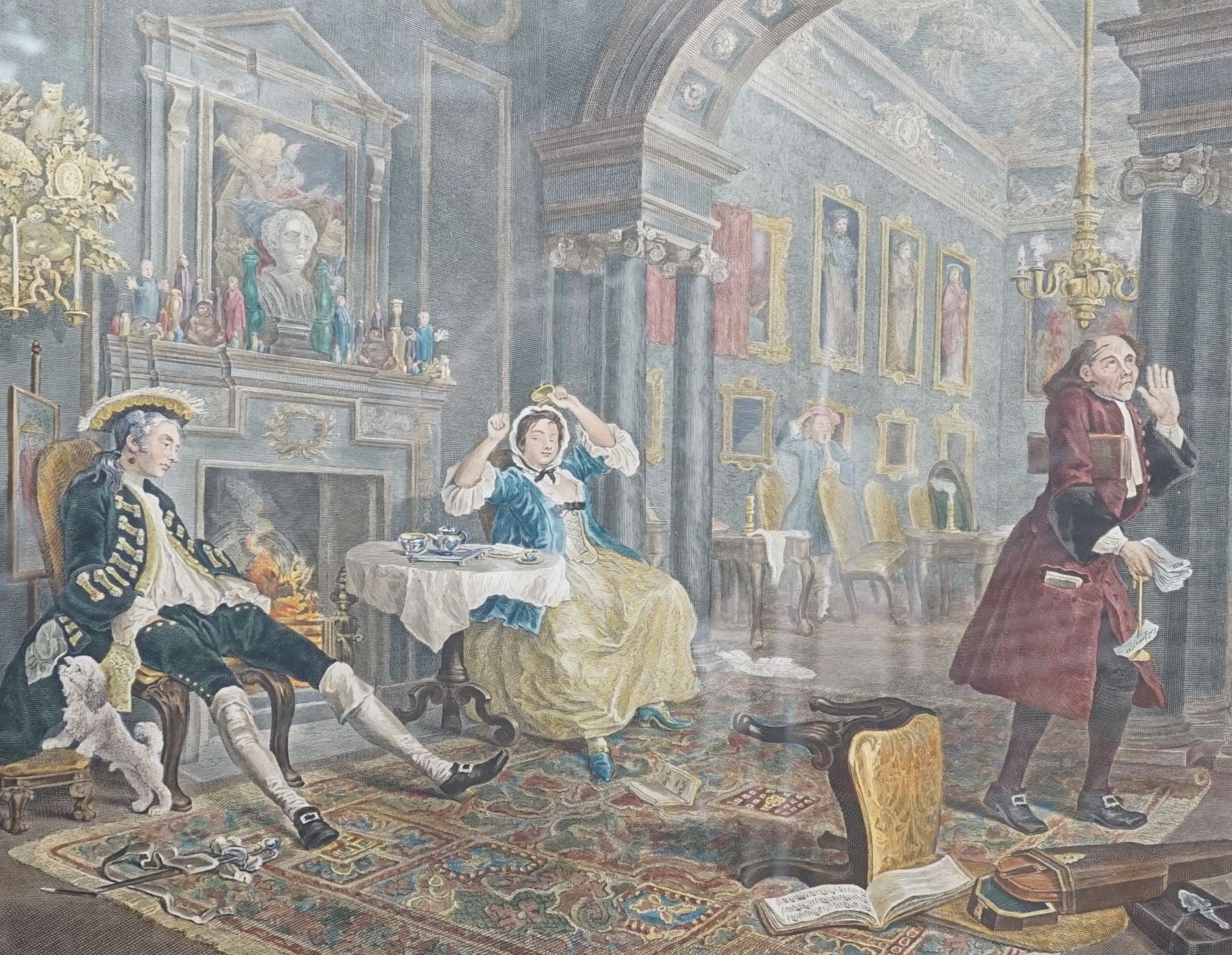 After William Hogarth, set of six hand coloured engravings, 'Marriage a la mode', overall 40 x 47cm